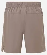 Bermuda deportiva gris con cintura elástica, cordón de ajuste, bolsillos con cremallera, recorte lateral con agujeritos y abertura en el bajo.