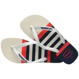 Ojotas Havaianas Top Nautical con base azul marino estampada con motivos náuticos en blanco y tiras rojas con textura.