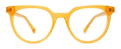 Armazón para lentes de receta de acetato color miel, con forma panto y patillas con núcleo de metal plateado.