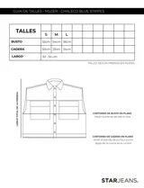 Chaleco crop de jean azul con rayas verticales blancas, cuello clásico, cierre con botones y bolsillos frontales con solapa. El corte es recto y llega hasta la cintura.