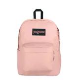 Mochila Jansport Superbreak Plus color rosa, confeccionada en tela liviana con compartimento principal amplio, bolsillo frontal con cierre y asa superior.