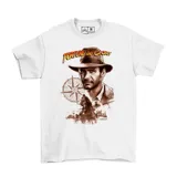 Remera blanca de manga corta con estampado frontal de Indiana Jones y la frase Fortune and Glory.