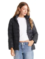 Campera puffer de plumas Michael Kors, color negro, con cierre frontal metálico, bolsillos laterales y cuello alto con capucha oculta.