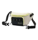 Riñonera Columbia Zigzag II Hip Pack, color beige con detalles en negro y amarillo neón. Cuenta con un compartimento principal con cierre amarillo neón y un bolsillo frontal con cierre negro y ribete amarillo neón. La correa es ajustable y tiene hebillas de plástico.