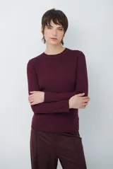 Buzo de tejido morley color marrón, con cuello redondo y mangas largas, de corte ajustado al cuerpo.