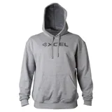 Canguro con capucha y cordones ajustables, de color gris melange, con bolsillo tipo canguro al frente y logo estampado de la marca Xcel en el pecho.