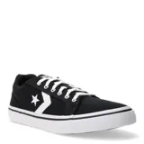 Championes Converse modelo Distrito, de caña baja, confeccionados en lona negra con detalles en blanco. Presentan el icónico logo de estrella y chevron en el lateral, cordones blancos y suela de goma resistente.