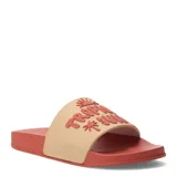 Sandalias de mujer Miss Carol modelo TIVI, con base color ladrillo y tira ancha color beige con inscripción "Tropic Sun" en color ladrillo.