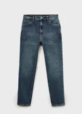 Jeans slim fit de tiro alto y diseño crop, en color azul con efecto lavado. Cuenta con cinco bolsillos, trabillas para cinto y cierre frontal con cremallera y botón.