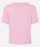 Blusa básica de cuello redondo y manga corta con detalle de dobladillo, confeccionada en tejido de viscosa con elastano.