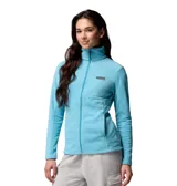 Campera polar Columbia modelo Basin Trail III, color turquesa, con cierre frontal completo, cuello alto y bolsillos laterales con cierre.