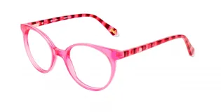 Armazón para lentes de acetato color rosa con forma de ojo de gato. Patillas a rayas rojas y rosadas con logo de Barbie en el extremo.
