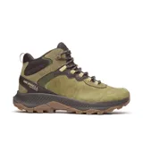 Bota de senderismo Merrell modelo Speed Strike 2 LTR, color verde oliva con detalles en marrón oscuro. Confeccionada en cuero de plena flor y ante impermeable, cuenta con suela de goma adherente, cuello acolchado y cierre mediante cordones.