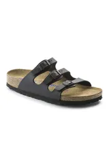 Sandalias Birkenstock Florida Soft Footbed Birko-flor, color negro, con tres tiras ajustables con hebilla y plantilla anatómica de corcho y látex.