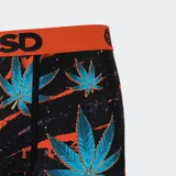 Calzoncillos bóxer PSD negros con estampado de hojas de marihuana azules y detalles en naranja.