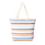 Bolso de mano tipo tote bag Rip Curl Oceanic Interest, con diseño a rayas horizontales multicolores y asas de algodón color crudo.