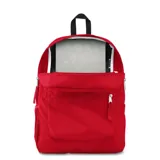 Mochila JanSport roja con logo en azul marino, compartimento principal amplio, bolsillo frontal con organizador, bolsillo lateral para botella de agua, panel trasero acolchado y correas acolchadas.