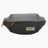 Riñonera de nylon en dos tonos de gris con detalles en naranja. Presenta un compartimento principal con cierre, un bolsillo frontal y un parche decorativo con el logo de Merrell en el frente.