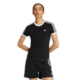 Remera Adidas de corte ajustado, color negro con cuello y bordes de mangas en color blanco. Presenta las icónicas tres tiras blancas en los hombros y el logo del trébol bordado en el pecho.