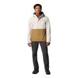 Campera impermeable Columbia Hikebound II con tecnología Omni-Tech, diseño bicolor en tonos crema y marrón, capucha ajustable, cierre frontal, bolsillos con cremallera y puños ajustables.