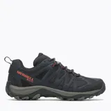 Championes de trekking Merrell modelo Accentor 3 Sport GTX, de color negro con detalles en naranja y suela gris. Diseñados con tecnología GORE-TEX para impermeabilidad, parte superior de cuero sintético y malla, y suela de goma con gran tracción.