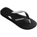 Ojotas Havaianas modelo Top Mix, con planta negra texturizada y tiras blancas.
