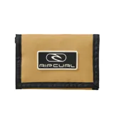 Billetera de tela color beige con bordes reforzados en negro y parche frontal con el logo de Rip Curl.