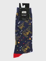 Medias de largo medio color azul marino con estampado de naves TIE Fighter en amarillo, detalles de puntos en rojo, amarillo y blanco, y puntera y talón en color rojo.