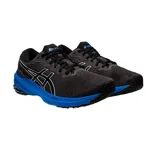 Championes de running Asics modelo GT-1000-11, color negro con detalles en azul vibrante y blanco. Presentan capellada de malla técnica transpirable, entresuela con tecnología FlyteFoam para mayor amortiguación y suela de goma resistente.