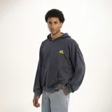 Canguro azul con capucha, bolsillo tipo canguro y logo de dos estrellas amarillas en el pecho.