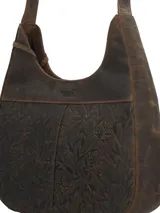 Cartera hobo de cuero color marrón, con diseño grabado de hojas en la parte inferior, asa ajustable y cierre superior.