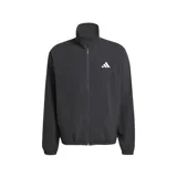 Campera rompevientos Adidas Essentials de color negro, con cuello alto, cierre frontal completo y logo de la marca en blanco en el pecho.