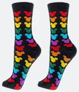 Medias de caña alta negras con diseño de cabezas de Mickey Mouse en colores del arcoíris.