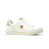 Championes urbanos Korium modelo Alida, de color negro con suela blanca y detalle metálico dorado en el lateral de la entresuela. Presentan un diseño de ecuero con cordones al tono y logo circular decorativo en el lateral.