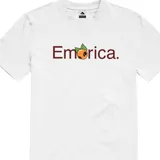 Remera negra de algodón con logo de Emerica y diseño de una naranja.
