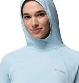 Hoodie Columbia de manga larga y calce holgado, color celeste, con capucha y ojales para los pulgares en los puños.