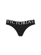 Tanga de algodón color negro con pretina elástica ancha que incluye el logo estampado de Victoria's Secret en color blanco.