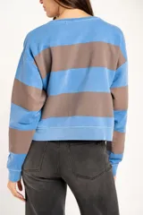 Sweater de algodón con diseño de rayas horizontales anchas en tonos azul y marrón, cuello redondo, mangas largas y puños elásticos.