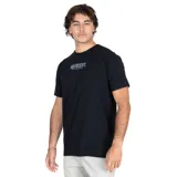 Remera negra de algodón y poliéster con cuello redondo y manga corta. Estampado frontal con el logo de Maui and Sons y una tabla de surf.