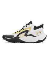 Championes de básquetbol Under Armour modelo Jet 25, con diseño de materiales mixtos en colores blanco, negro y amarillo. Presentan cuello acolchado para mayor sujeción, entresuela Micro G® para amortiguación reactiva y suela de goma resistente para tracción en cancha.