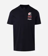 Remera negra de corte comfort y manga corta, con cuello redondo y estampado de estilo urbano con un auto rojo y un dragón en la espalda.