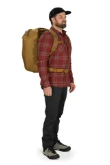 Mochila de viaje Osprey modelo Sojourn Porter 46L, color marrón, con sistema de compresión Straight Jacket, panel trasero AirScape y correas ocultables.