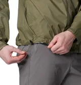 Campera impermeable Columbia modelo Glennaker Lake Jkt Omni-Shield, color verde militar, con cierre frontal, capucha ajustable que se guarda en el cuello, bolsillos con cremallera y puños ajustables con velcro.