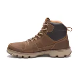 Bota Caterpillar modelo Meridian WP de cuero color marrón, con cordones bicolores, suela dentada y detalles acolchados en negro en el cuello.