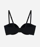 Soutien negro liso, sin tirantes, con relleno y detalle de borde festoneado.
