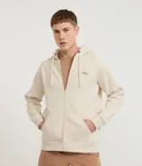 Campera con capucha color beige claro, con cierre frontal y bolsillos tipo canguro. Presenta cordones ajustables en la capucha, mangas largas con puños elásticos y un pequeño estampado en el pecho.