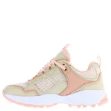 Championes deportivos Topper modelo Ever Fem, con diseño de paneles en malla y material sintético en tonos beige y rosa. Presenta suela con plataforma blanca y base rosada, con cierre de cordones.
