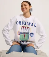 Buzo de algodón y poliéster color blanco, con cuello redondo, puños y bajo en rib. Presenta un estampado frontal grande con una lata de sardinas y el texto "ORIGINAL" y "100% fresh".