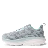 Championes deportivos Push, color gris con detalles en celeste y blanco. Presentan un diseño de tejido con patrón de rayas diagonales, cordones grises y suela blanca.