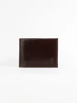 Billetera de cuero premium color marrón, con doble tarjetero y costuras decorativas a contratono.